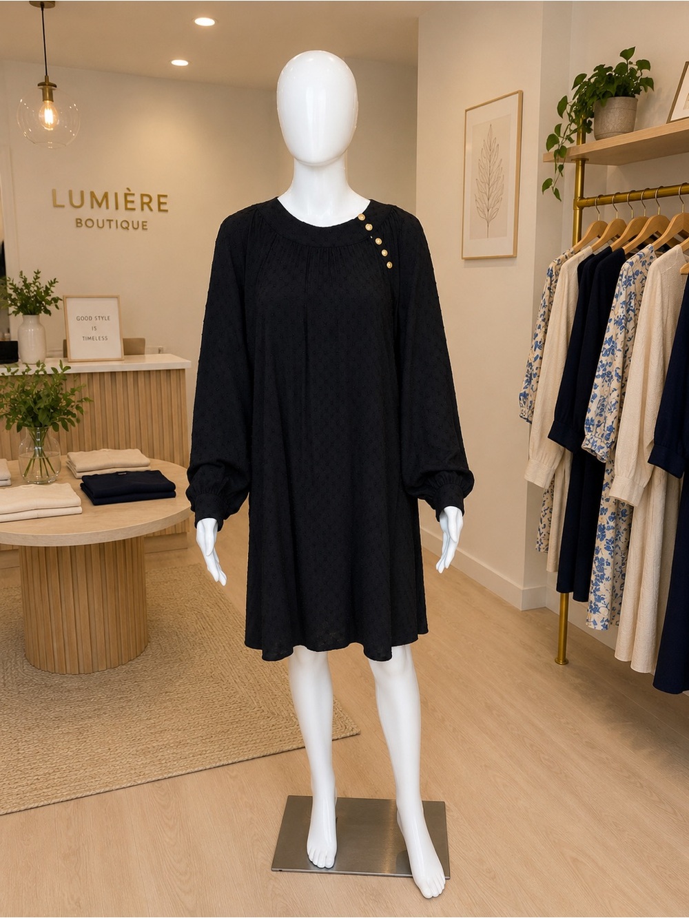 LOFT Black Mini Dress with Gold Accent Buttons